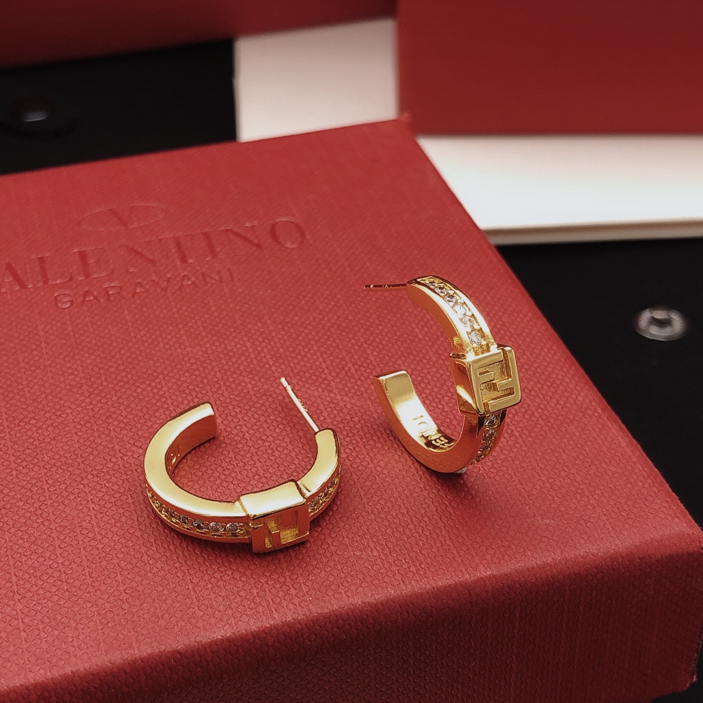 Fendi FF Logo Crystal Hoop Earrings earrings gold-tone metal with clear crystal accents 15mm hoop diameter