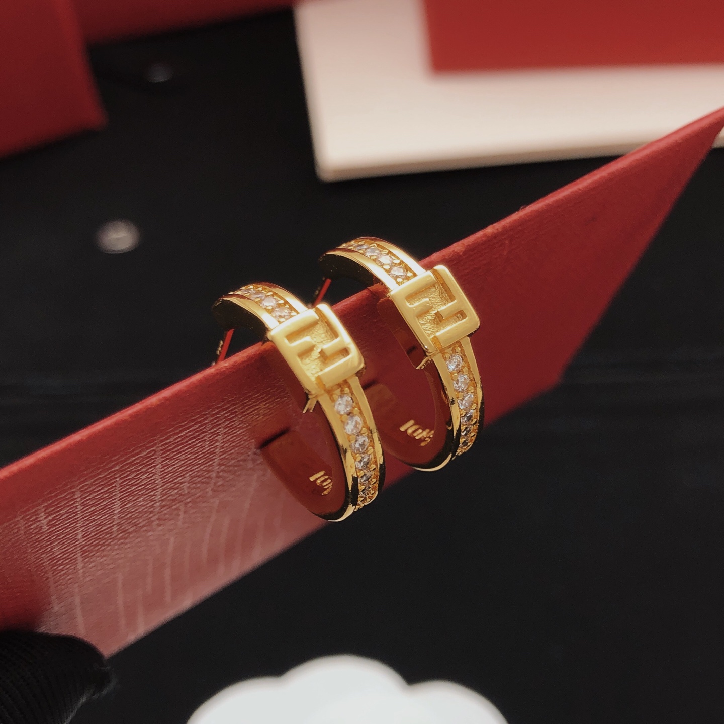 Fendi FF Logo Crystal Hoop Earrings earrings gold-tone metal with clear crystal accents 15mm hoop diameter