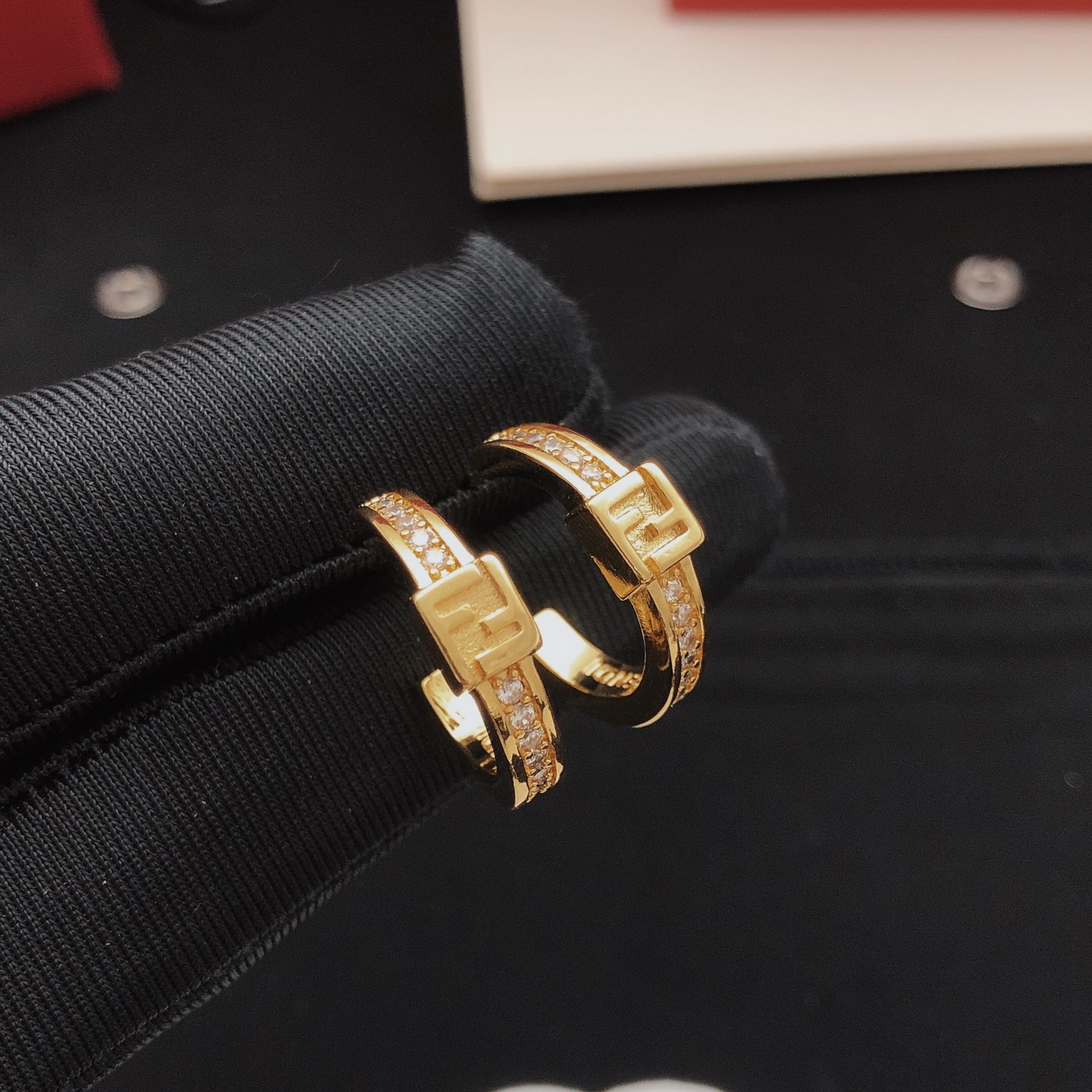 Fendi FF Logo Crystal Hoop Earrings earrings gold-tone metal with clear crystal accents 15mm hoop diameter