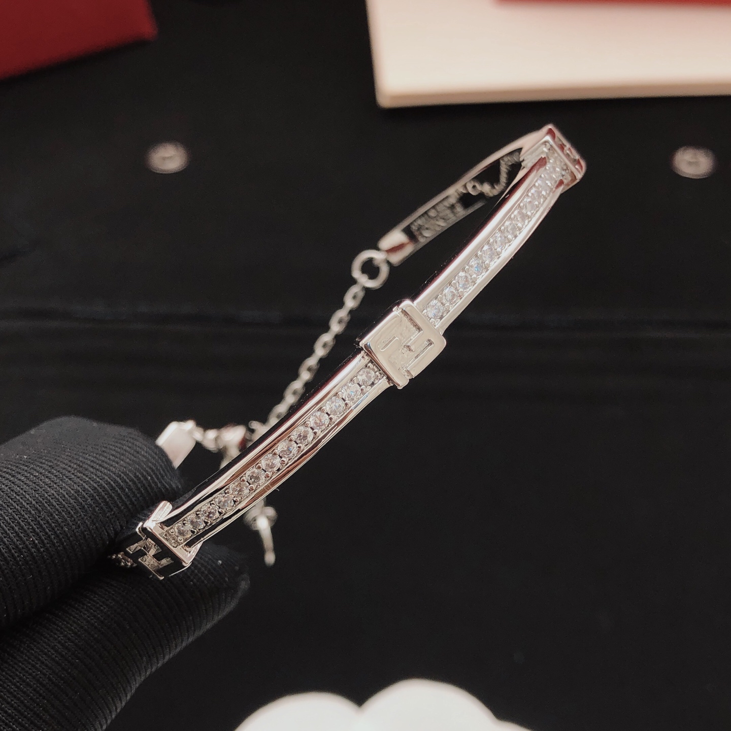 Fendi FF Logo Baguette Bracelet bracelet Silver-toned metal with clear channel-set cubic zirconia stones 17cm with 3cm extension chain