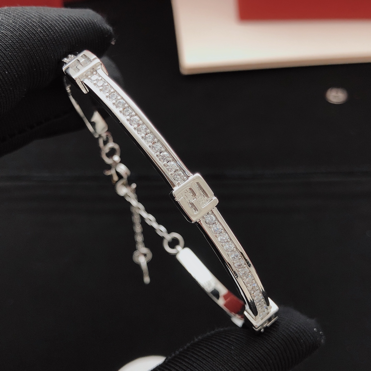 Fendi FF Logo Baguette Bracelet bracelet Silver-toned metal with clear channel-set cubic zirconia stones 17cm with 3cm extension chain