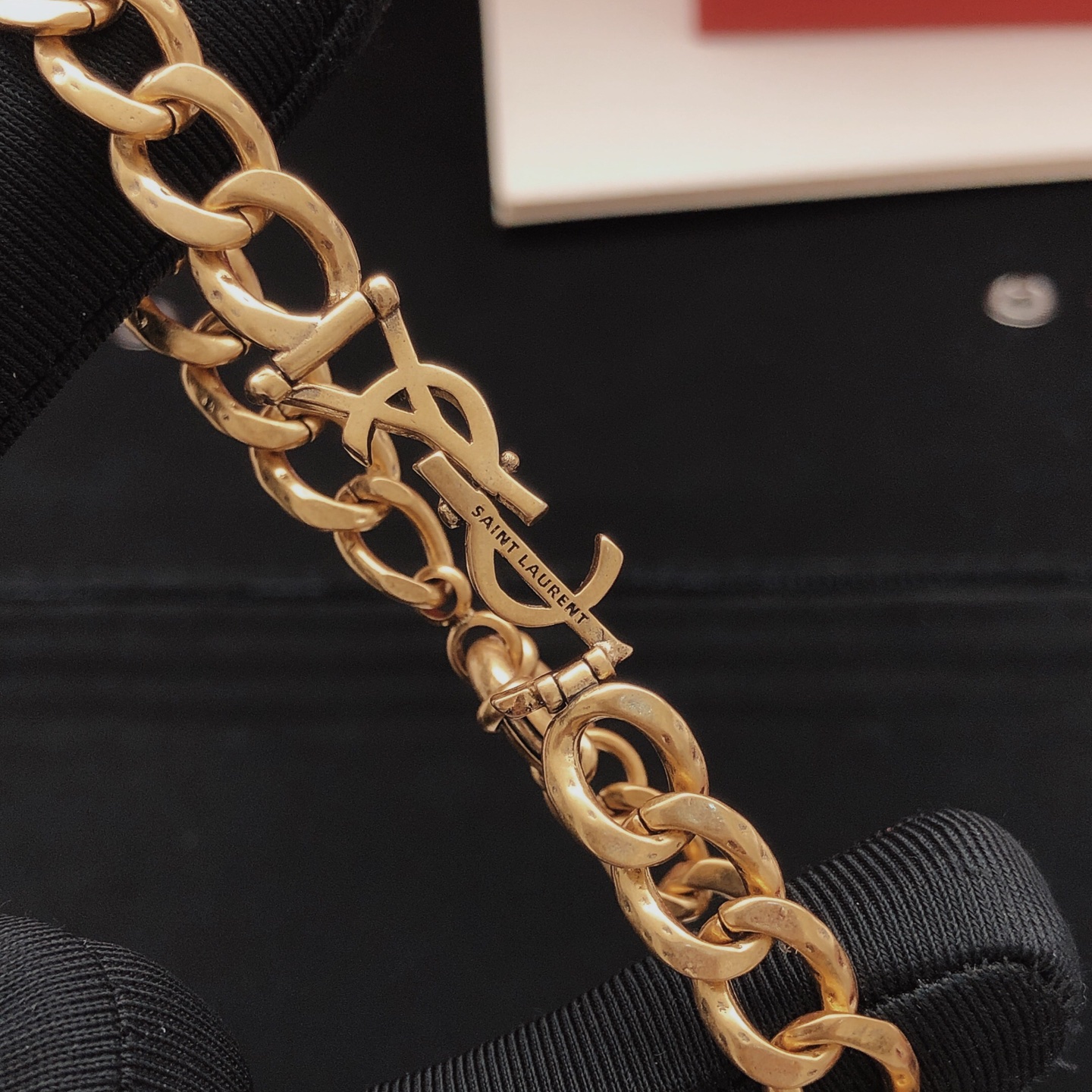 Saint Laurent Cassandre YSL Logo Curb Chain bracelet vintage gold tone metal no accent stones 19cm