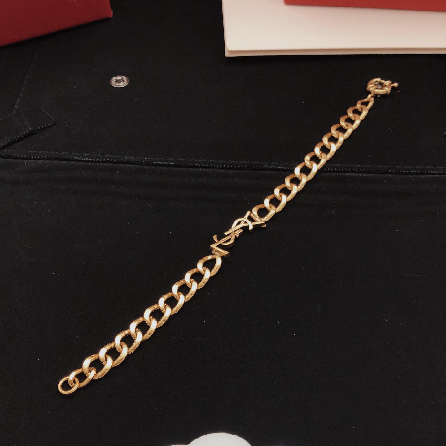 Saint Laurent Cassandre YSL Logo Curb Chain bracelet vintage gold tone metal no accent stones 19cm