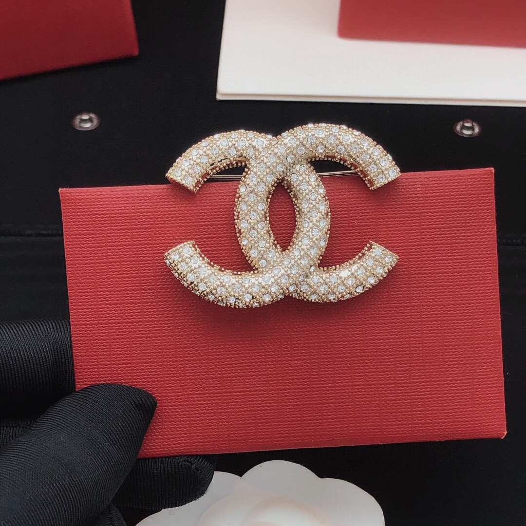 Chanel CC Logo Crystal Brooch brooch light gold metal with clear crystal stones 3 5cm width