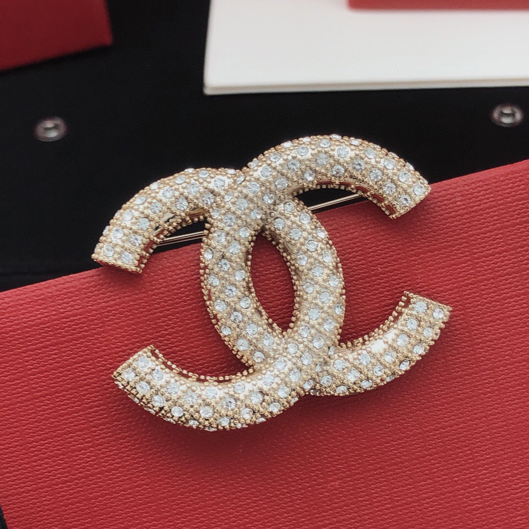 Chanel CC Logo Crystal Brooch brooch light gold metal with clear crystal stones 3 5cm width
