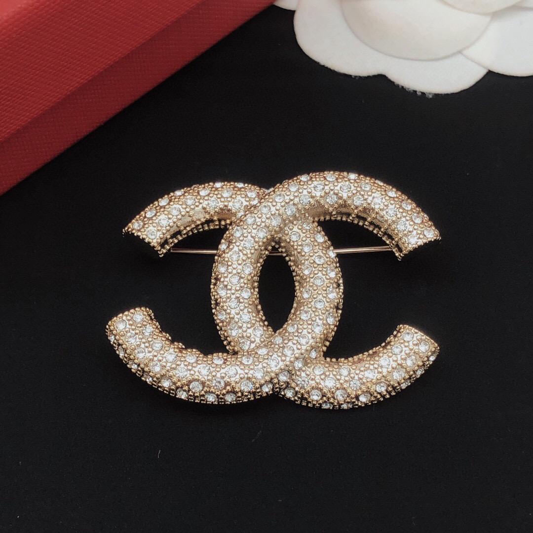 Chanel CC Logo Crystal Brooch brooch light gold metal with clear crystal stones 3 5cm width