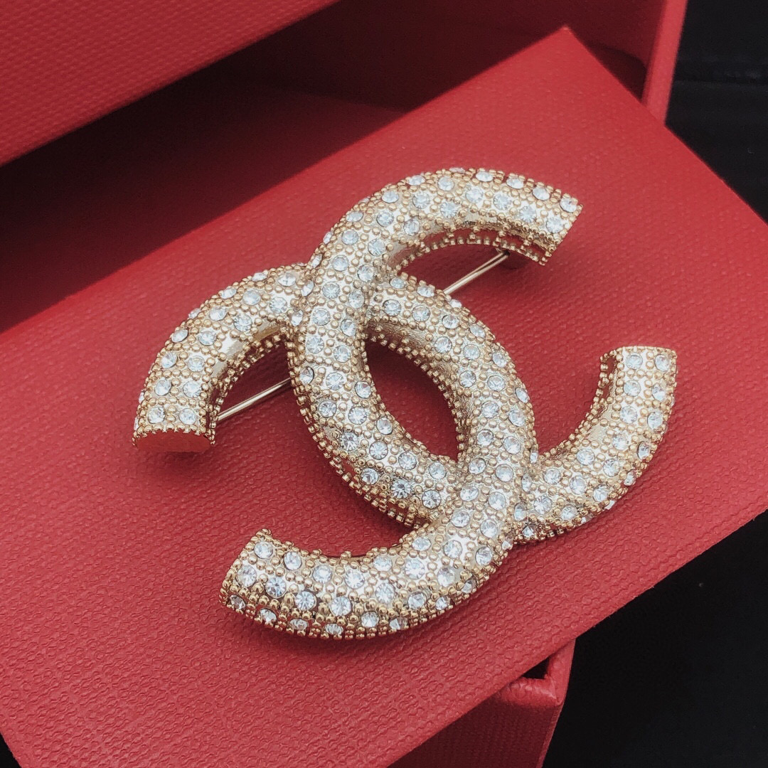 Chanel CC Logo Crystal Brooch brooch light gold metal with clear crystal stones 3 5cm width