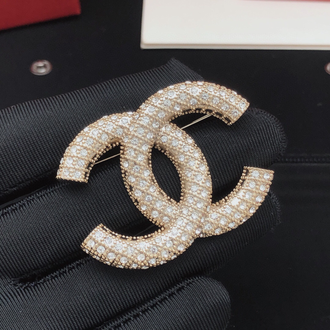 Chanel CC Logo Crystal Brooch brooch light gold metal with clear crystal stones 3 5cm width