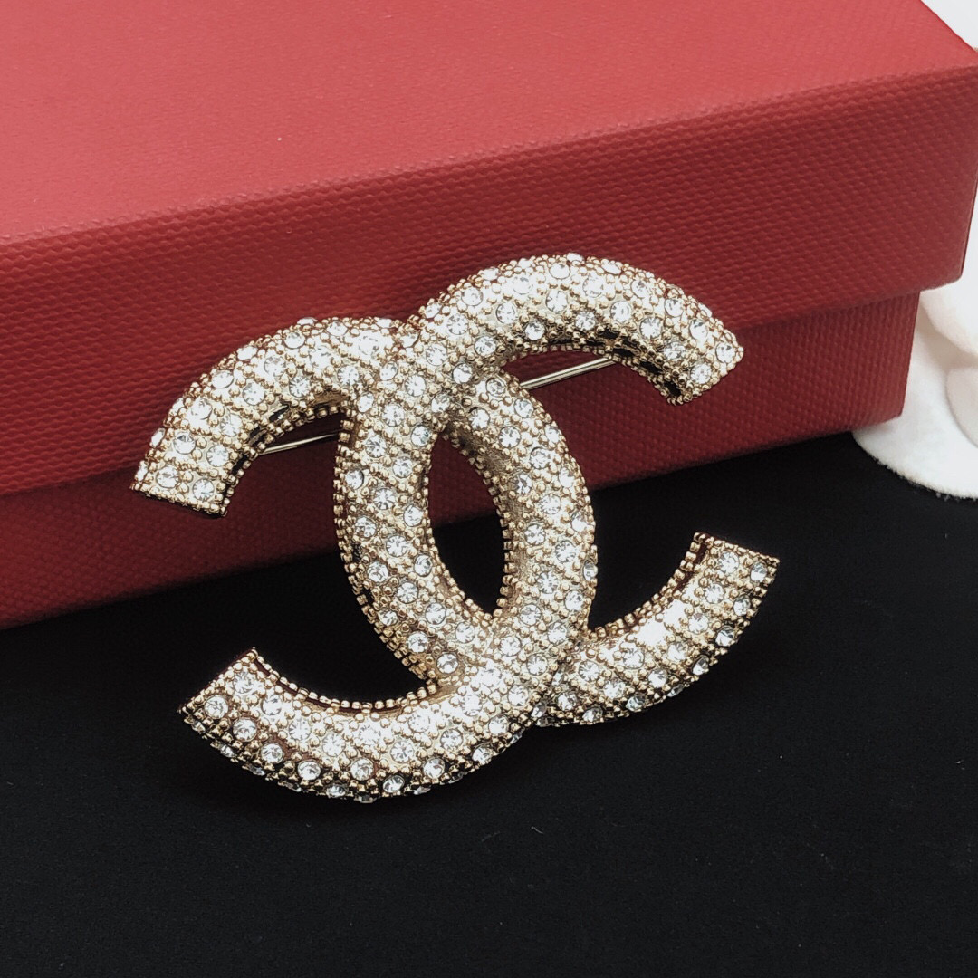Chanel CC Logo Crystal Brooch brooch light gold metal with clear crystal stones 3 5cm width