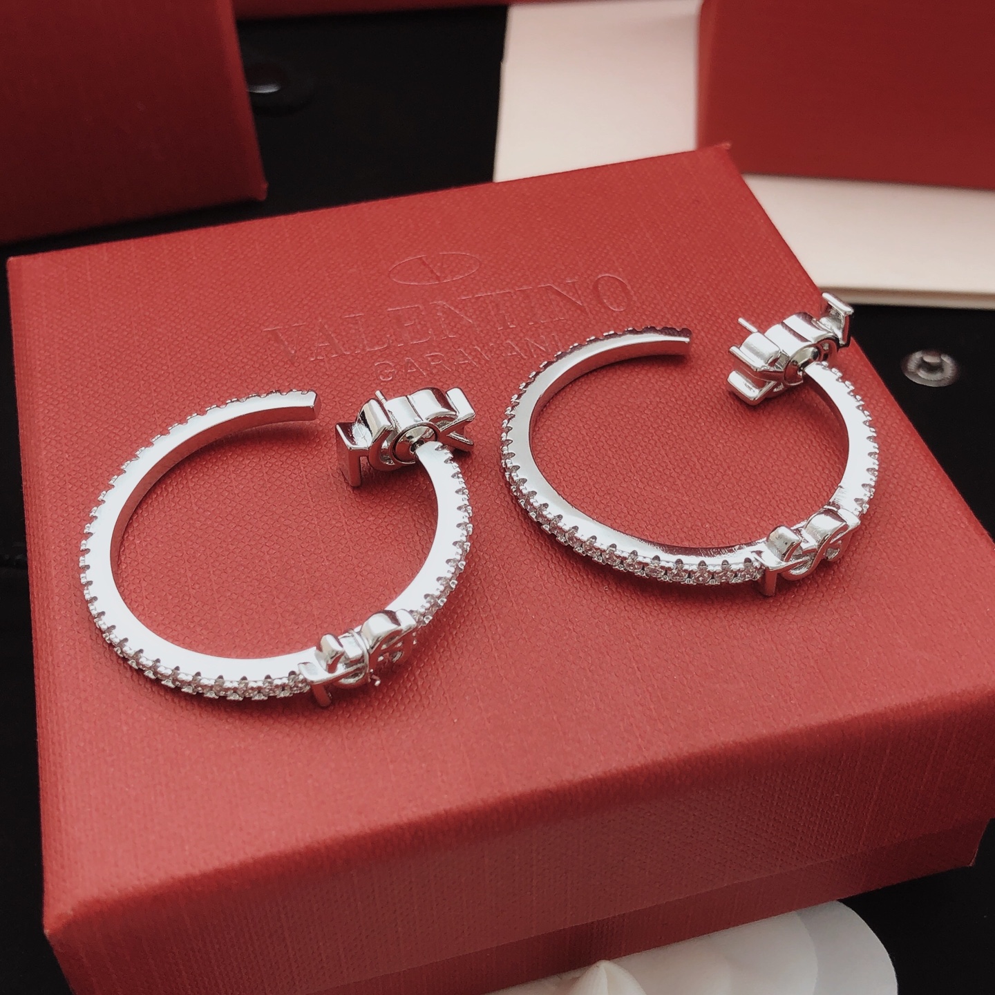 Saint Laurent Cassandre Crystal Hoop earrings silver-toned metal with clear crystal accents 3 5cm diameter