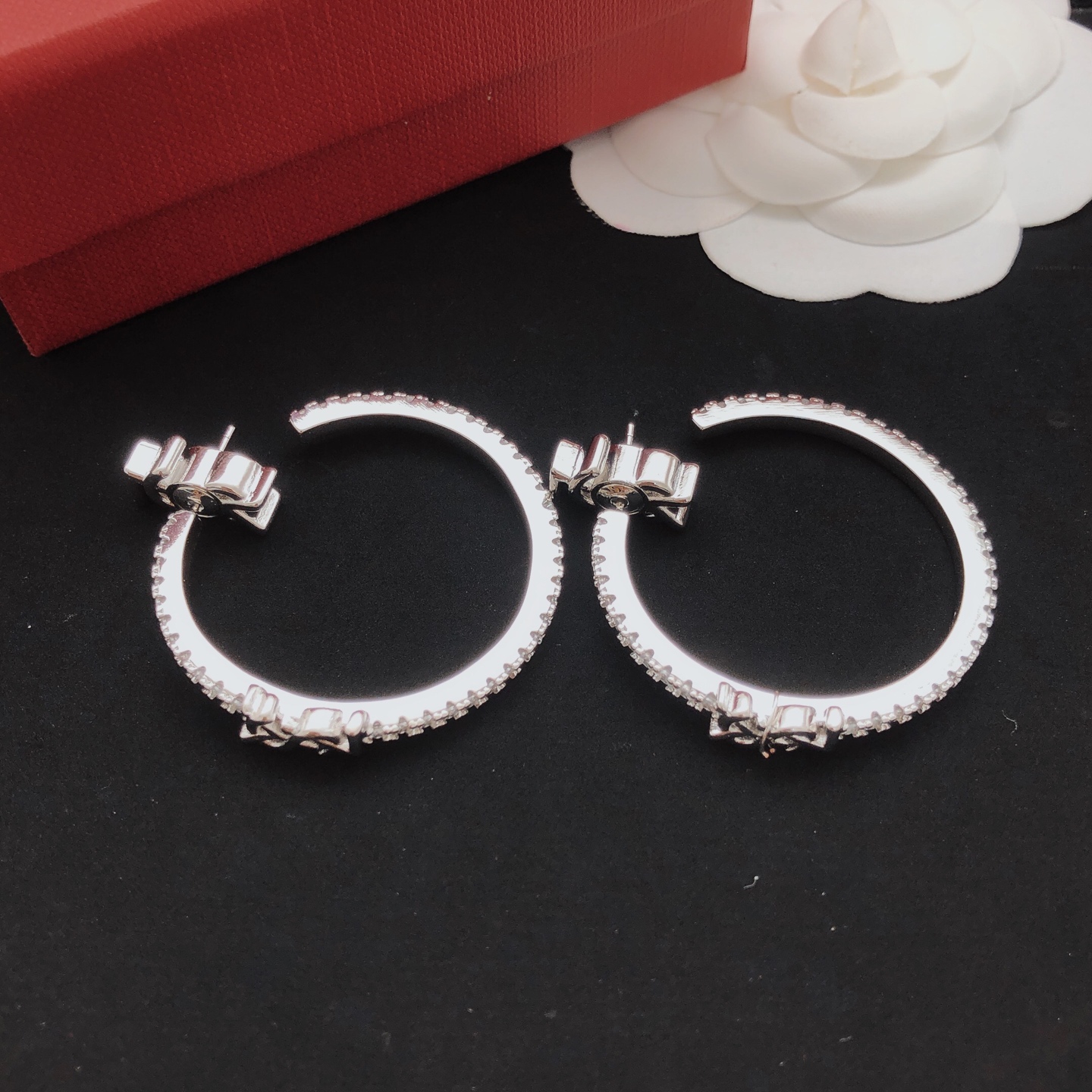 Saint Laurent Cassandre Crystal Hoop earrings silver-toned metal with clear crystal accents 3 5cm diameter