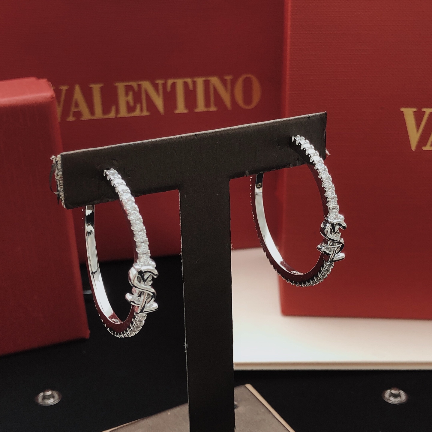 Saint Laurent Cassandre Crystal Hoop earrings silver-toned metal with clear crystal accents 3 5cm diameter