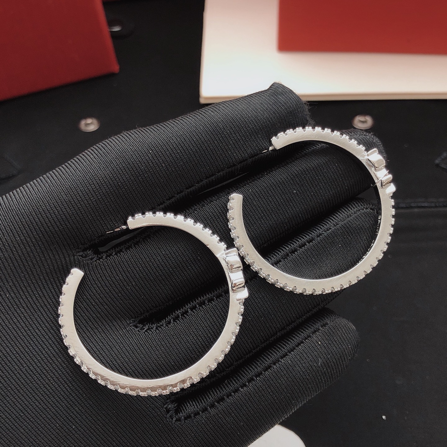 Saint Laurent Cassandre Crystal Hoop earrings silver-toned metal with clear crystal accents 3 5cm diameter