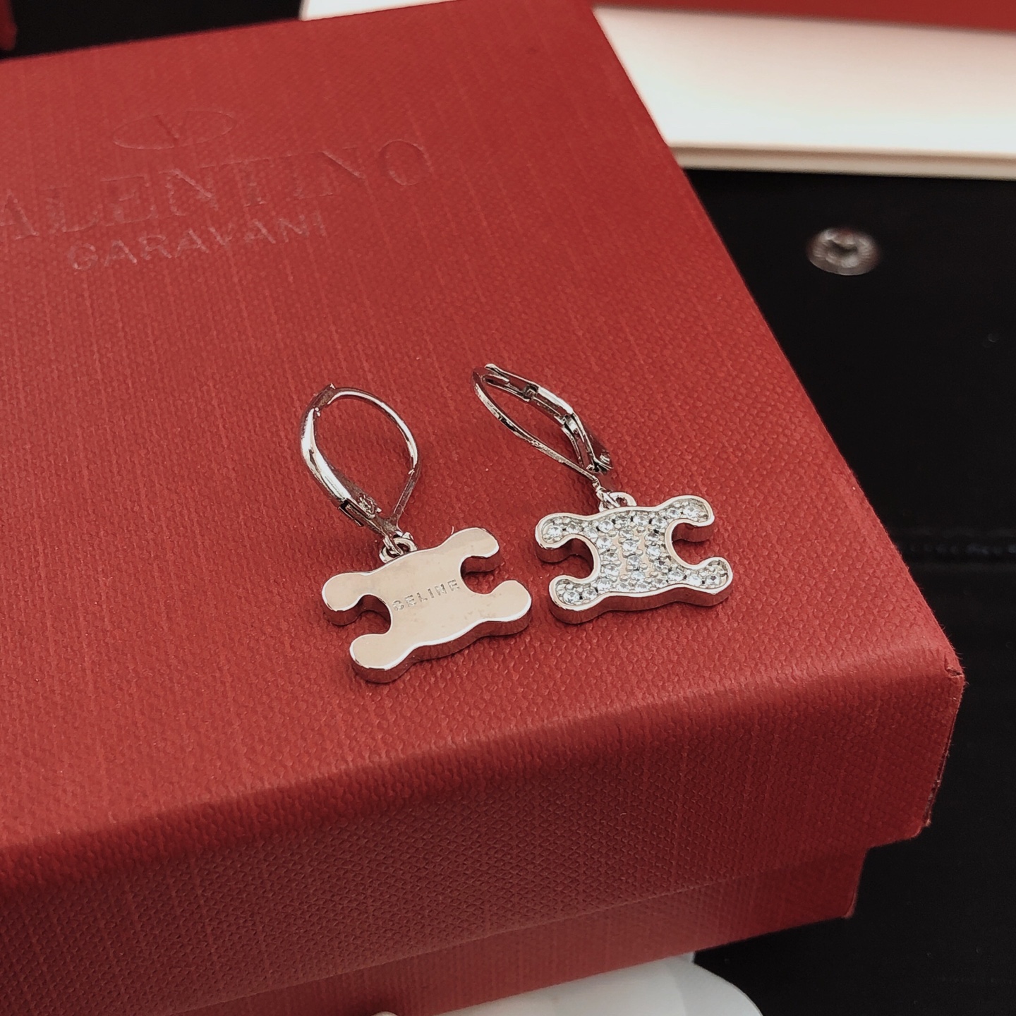 Celine Triomphe earrings silver-toned metal with clear pave crystals 1 5cm drop length
