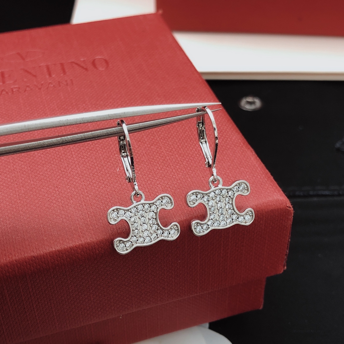 Celine Triomphe earrings silver-toned metal with clear pave crystals 1 5cm drop length