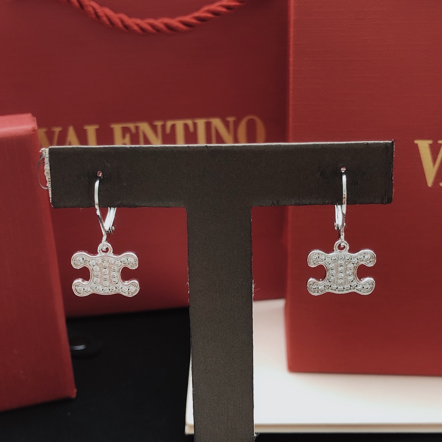 Celine Triomphe earrings silver-toned metal with clear pave crystals 1 5cm drop length