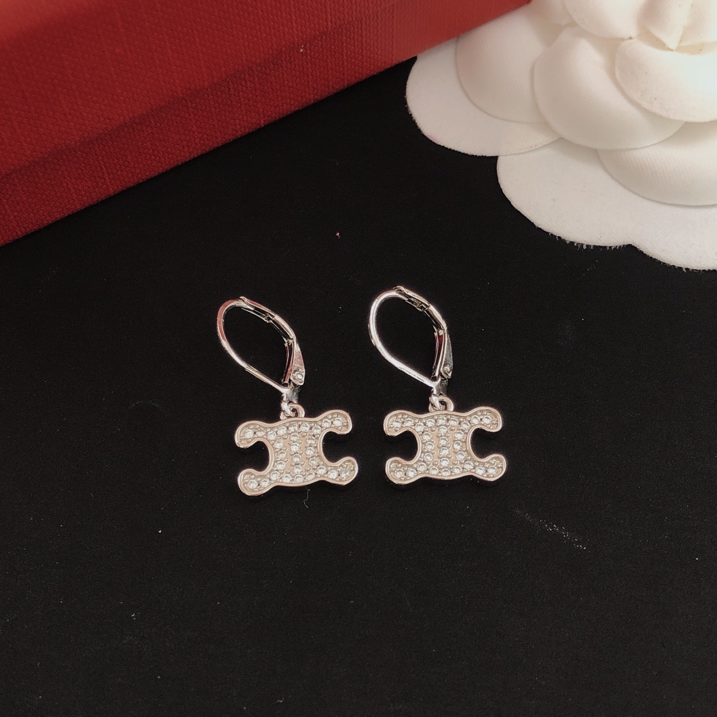 Celine Triomphe earrings silver-toned metal with clear pave crystals 1 5cm drop length