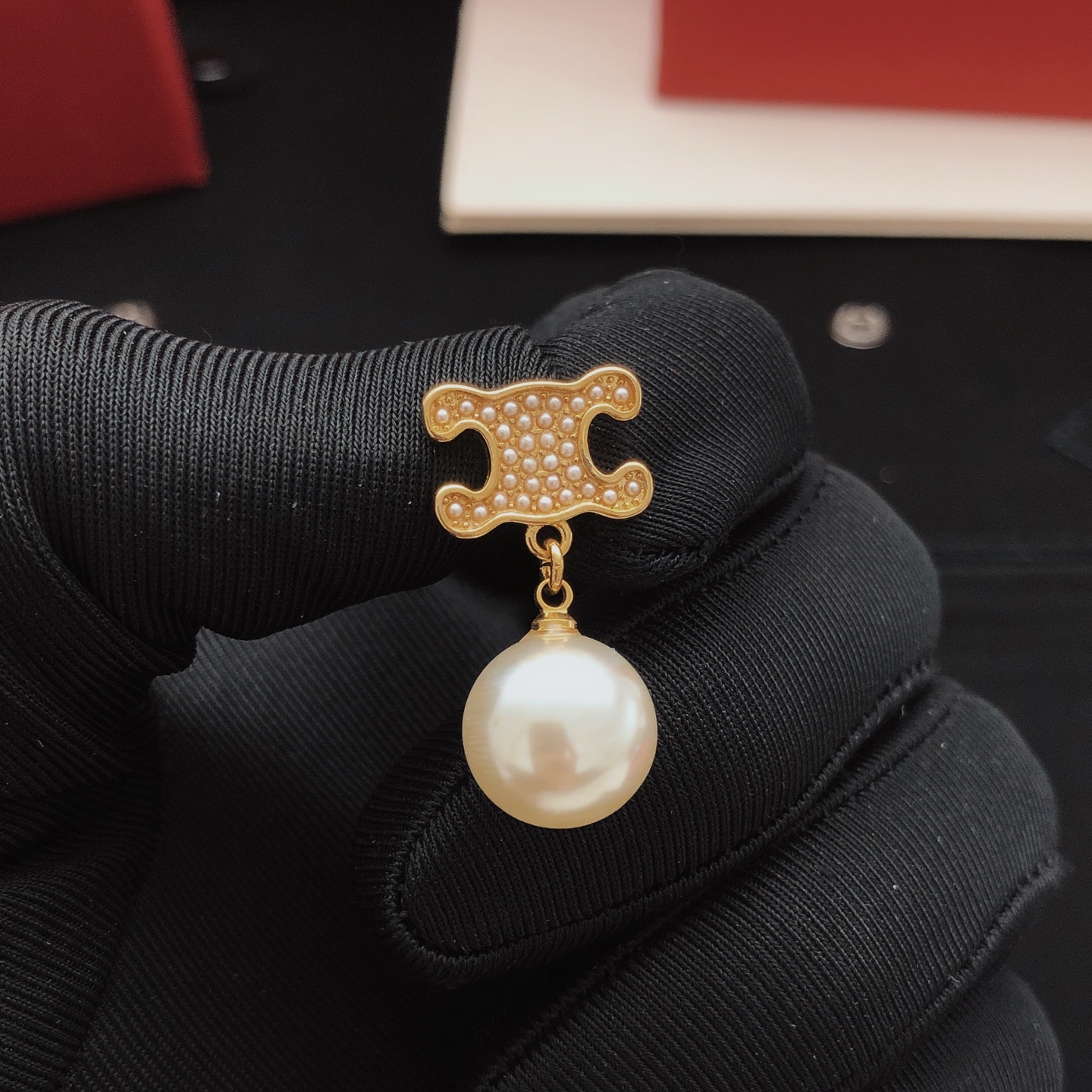 Celine Triomphe Pearl Drop earrings gold-tone metal with white pearls 2 5cm drop length