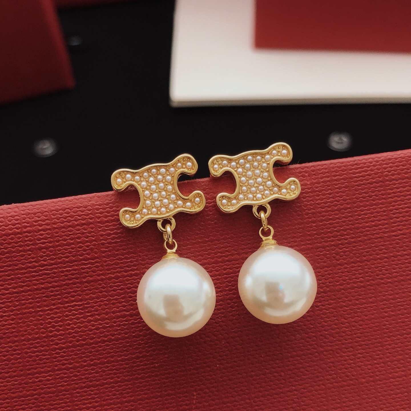 Celine Triomphe Pearl Drop earrings gold-tone metal with white pearls 2 5cm drop length