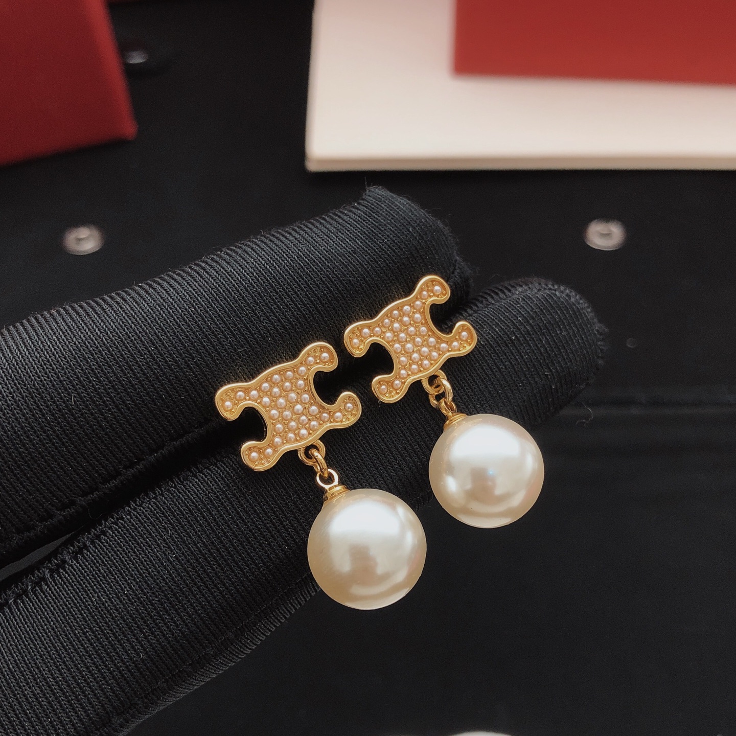 Celine Triomphe Pearl Drop earrings gold-tone metal with white pearls 2 5cm drop length
