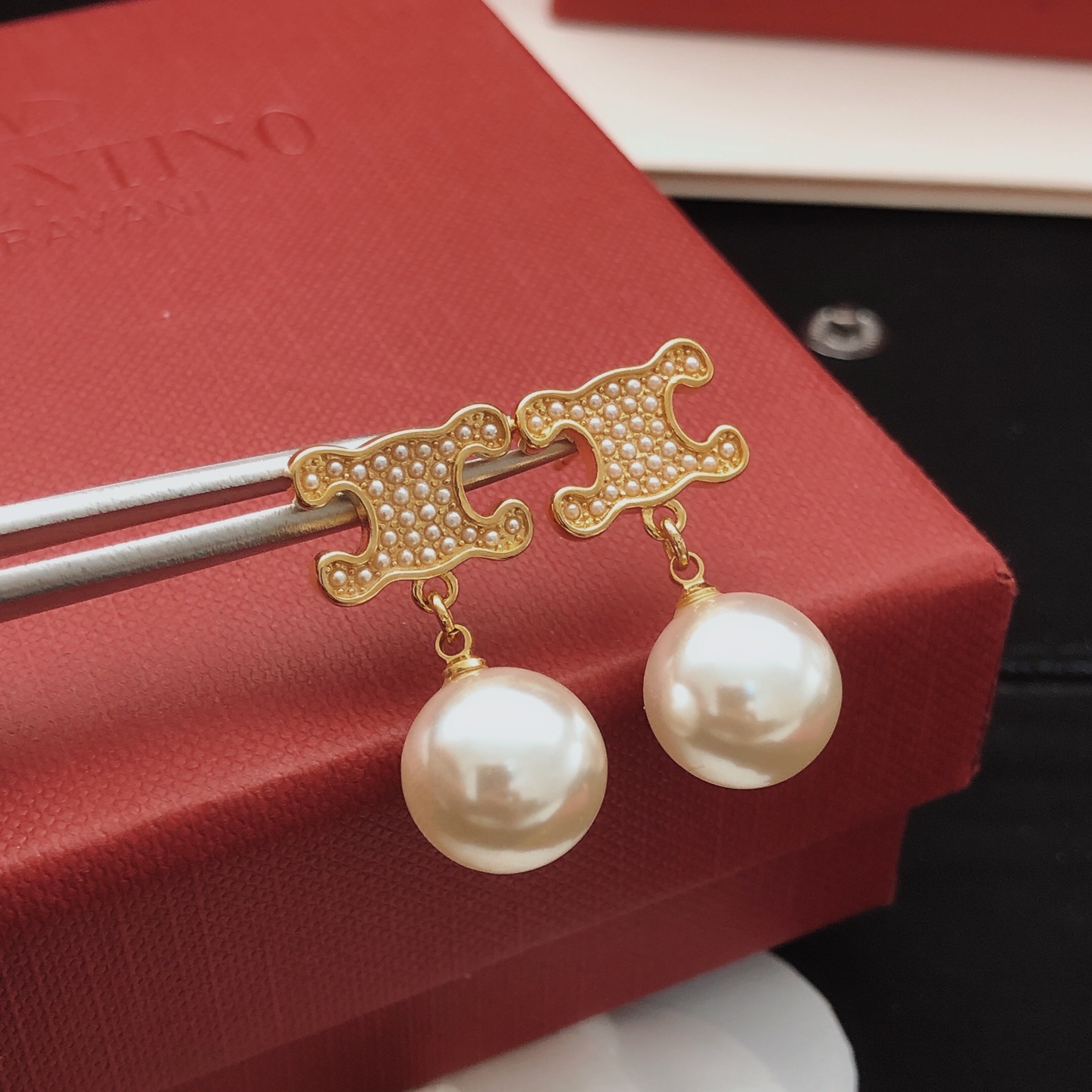 Celine Triomphe Pearl Drop earrings gold-tone metal with white pearls 2 5cm drop length