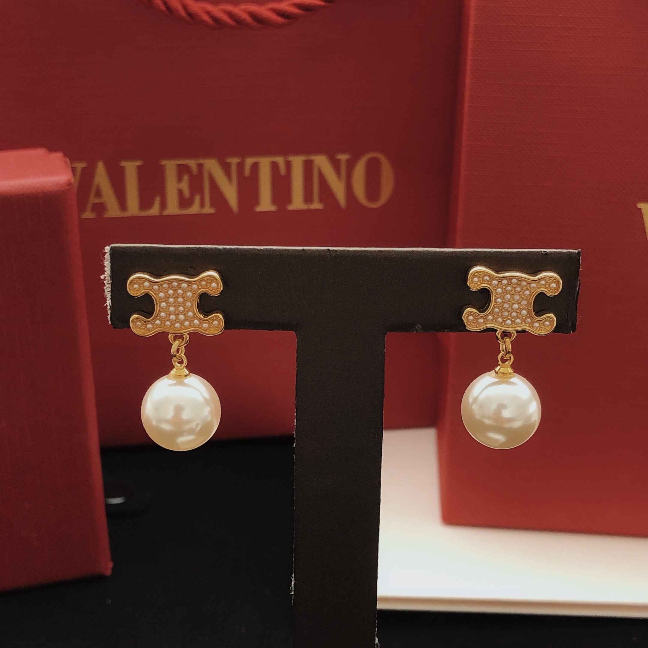 Celine Triomphe Pearl Drop earrings gold-tone metal with white pearls 2 5cm drop length
