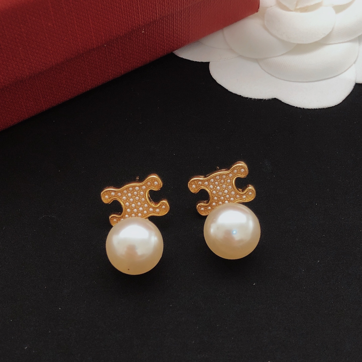 Celine Triomphe Pearl Drop earrings gold-tone metal with white pearls 2 5cm drop length