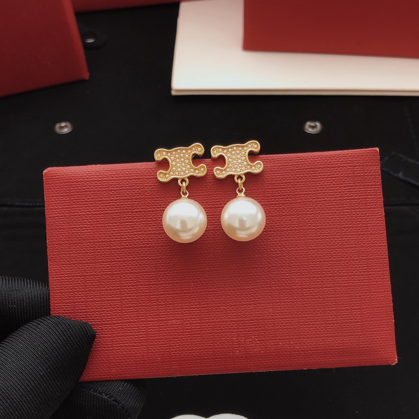 Celine Triomphe Pearl Drop earrings gold-tone metal with white pearls 2 5cm drop length