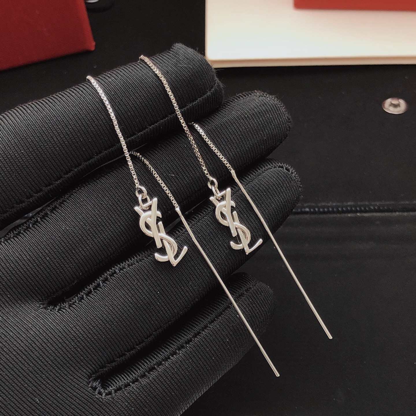 Saint Laurent YED0099 Cassandre Monogram Threader Earrings earrings silver-toned metal no gemstones 7cm total length