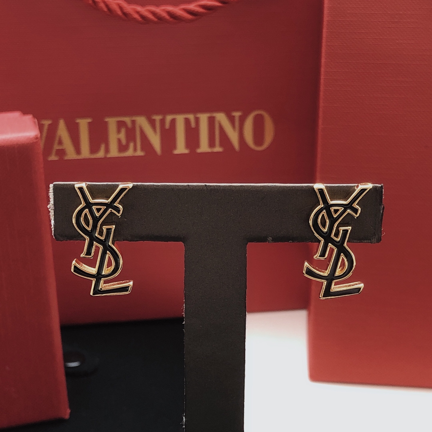 Saint Laurent YED0096 Cassandre Monogram earrings gold-tone metal with black enamel 2 5cm stud length