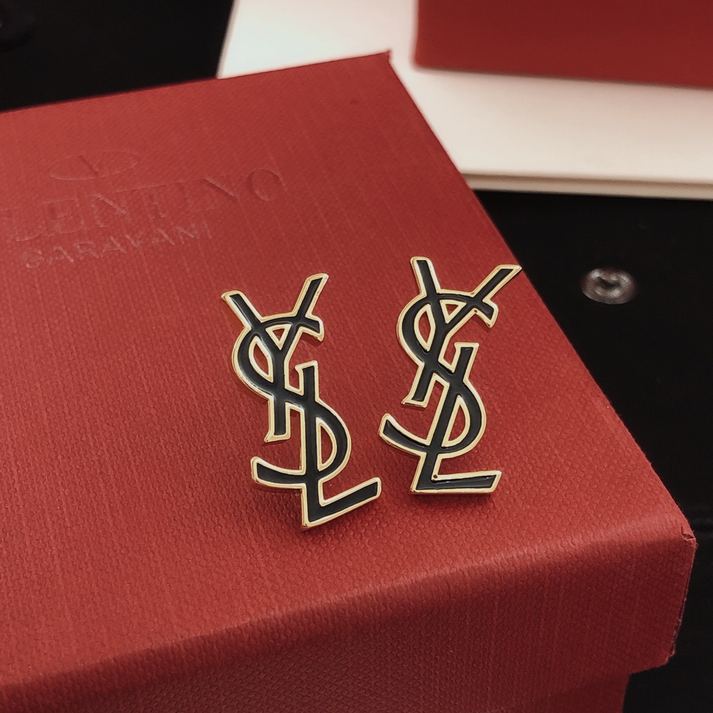 Saint Laurent YED0096 Cassandre Monogram earrings gold-tone metal with black enamel 2 5cm stud length