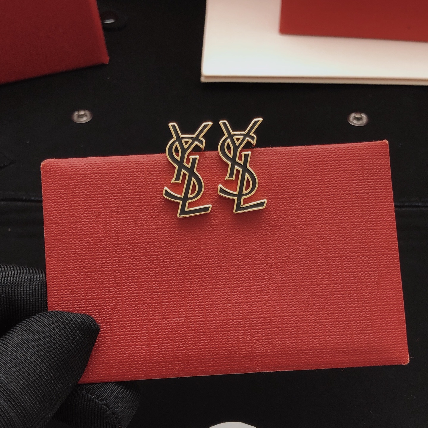 Saint Laurent YED0096 Cassandre Monogram earrings gold-tone metal with black enamel 2 5cm stud length