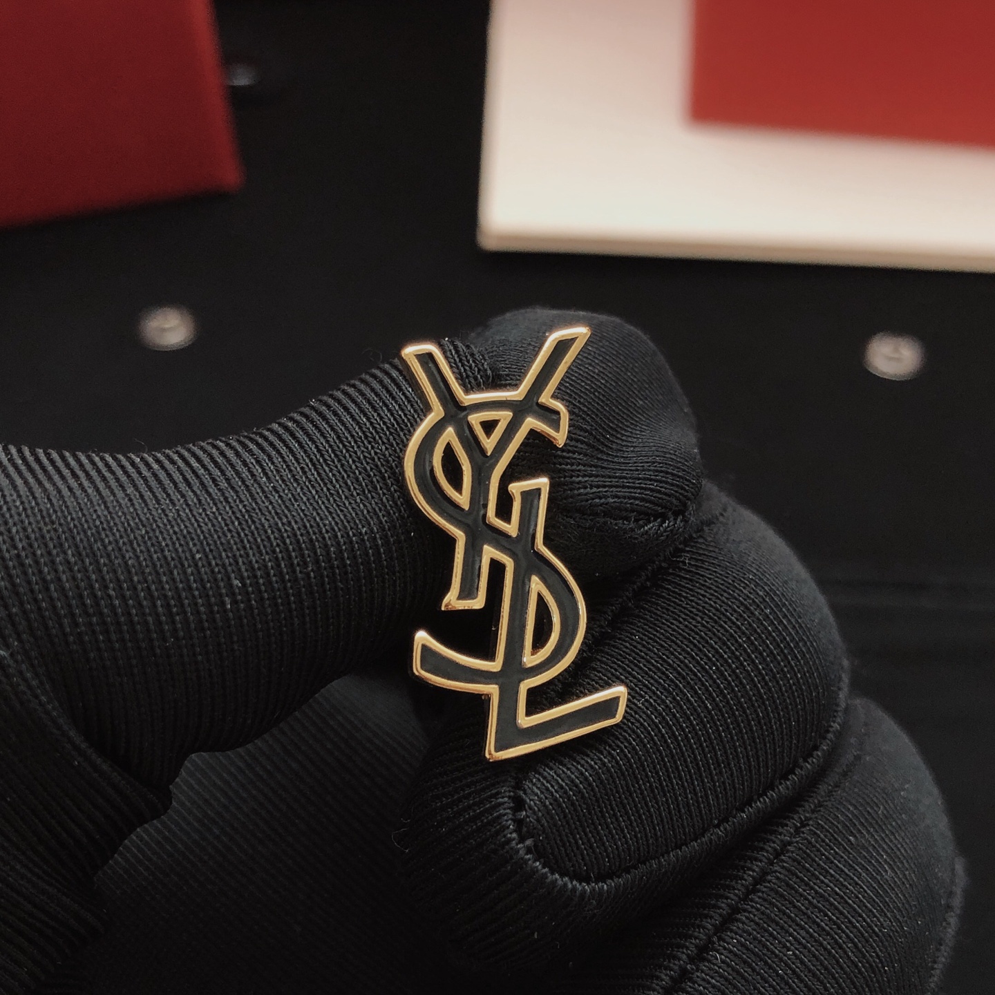 Saint Laurent YED0096 Cassandre Monogram earrings gold-tone metal with black enamel 2 5cm stud length
