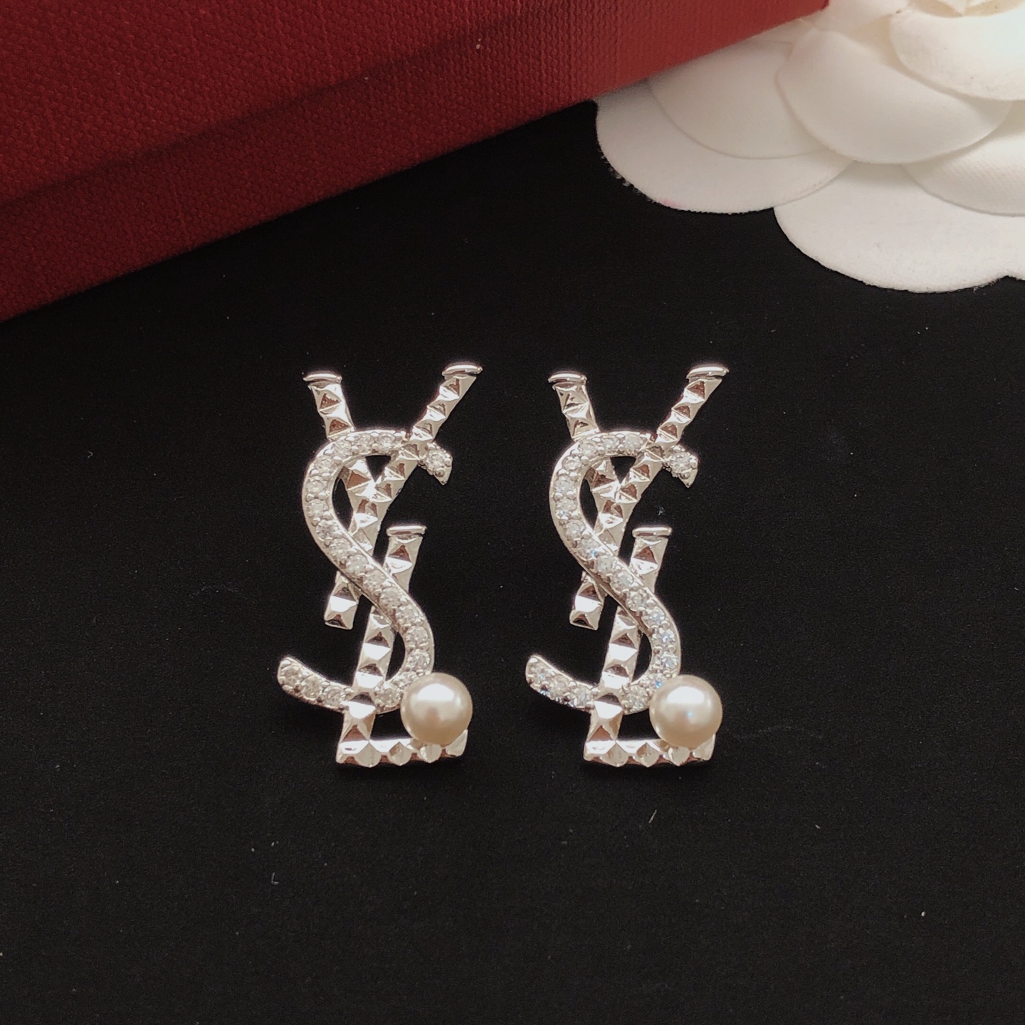 Saint Laurent YSL Monogram Stud Earrings earrings silver-toned metal with clear pave crystals and white pearl accents 2 5cm length