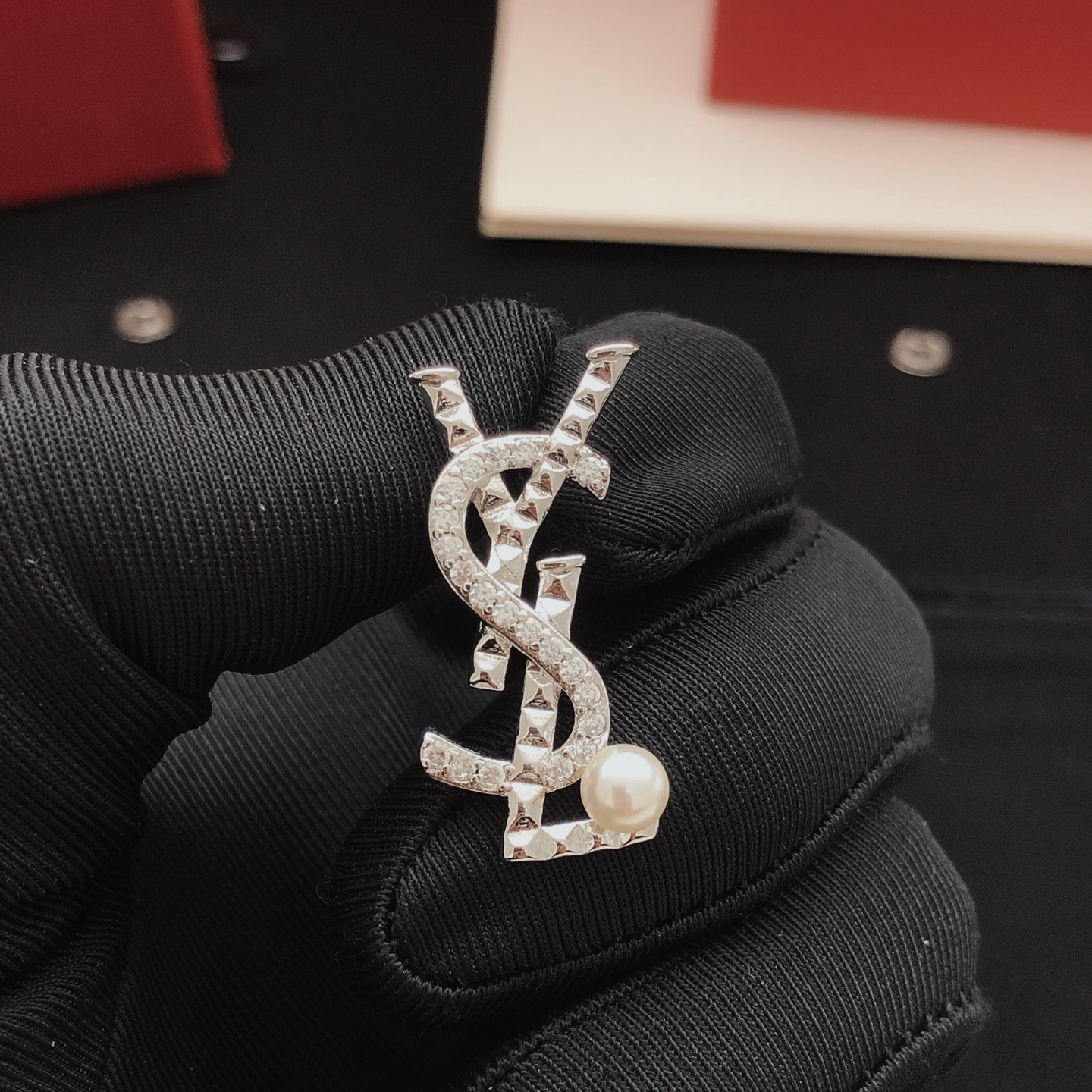 Saint Laurent YSL Monogram Stud Earrings earrings silver-toned metal with clear pave crystals and white pearl accents 2 5cm length