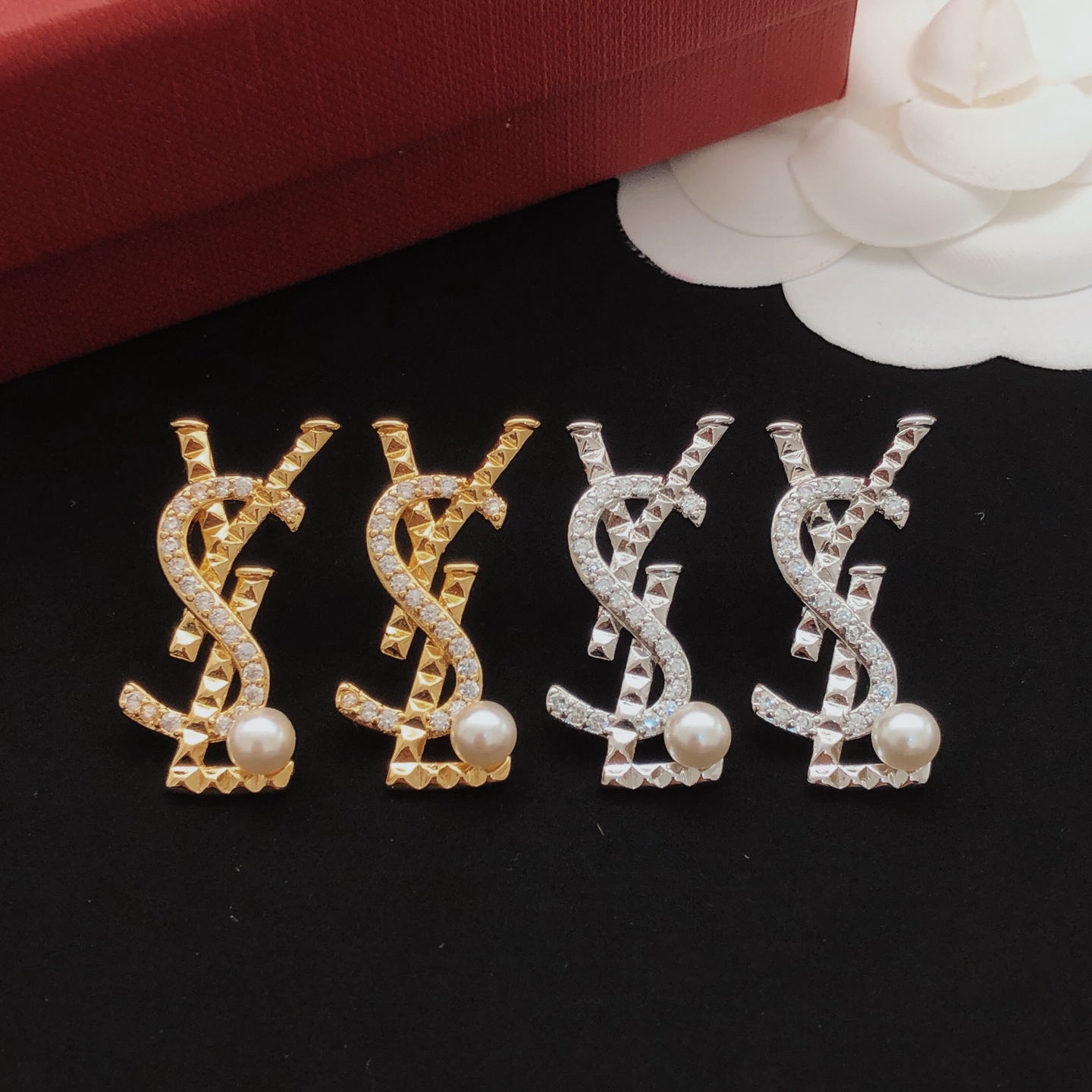 Saint Laurent YED0098 Cassandre Monogram Pearl Stud Earrings earrings gold-tone metal with clear pave crystals and white freshwater pearls 2 2cm length