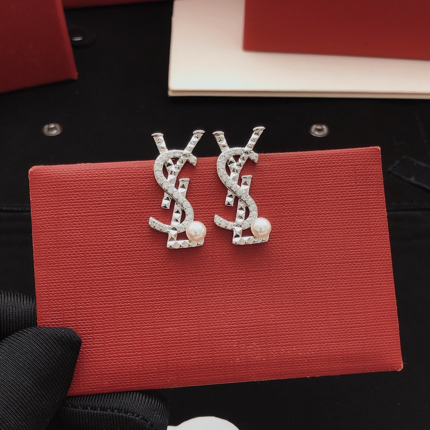 Saint Laurent YSL Monogram Stud Earrings earrings silver-toned metal with clear pave crystals and white pearl accents 2 5cm length