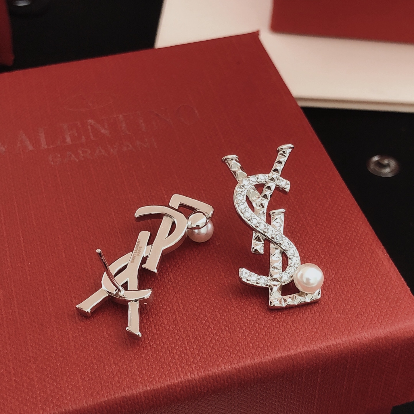 Saint Laurent YSL Monogram Stud Earrings earrings silver-toned metal with clear pave crystals and white pearl accents 2 5cm length