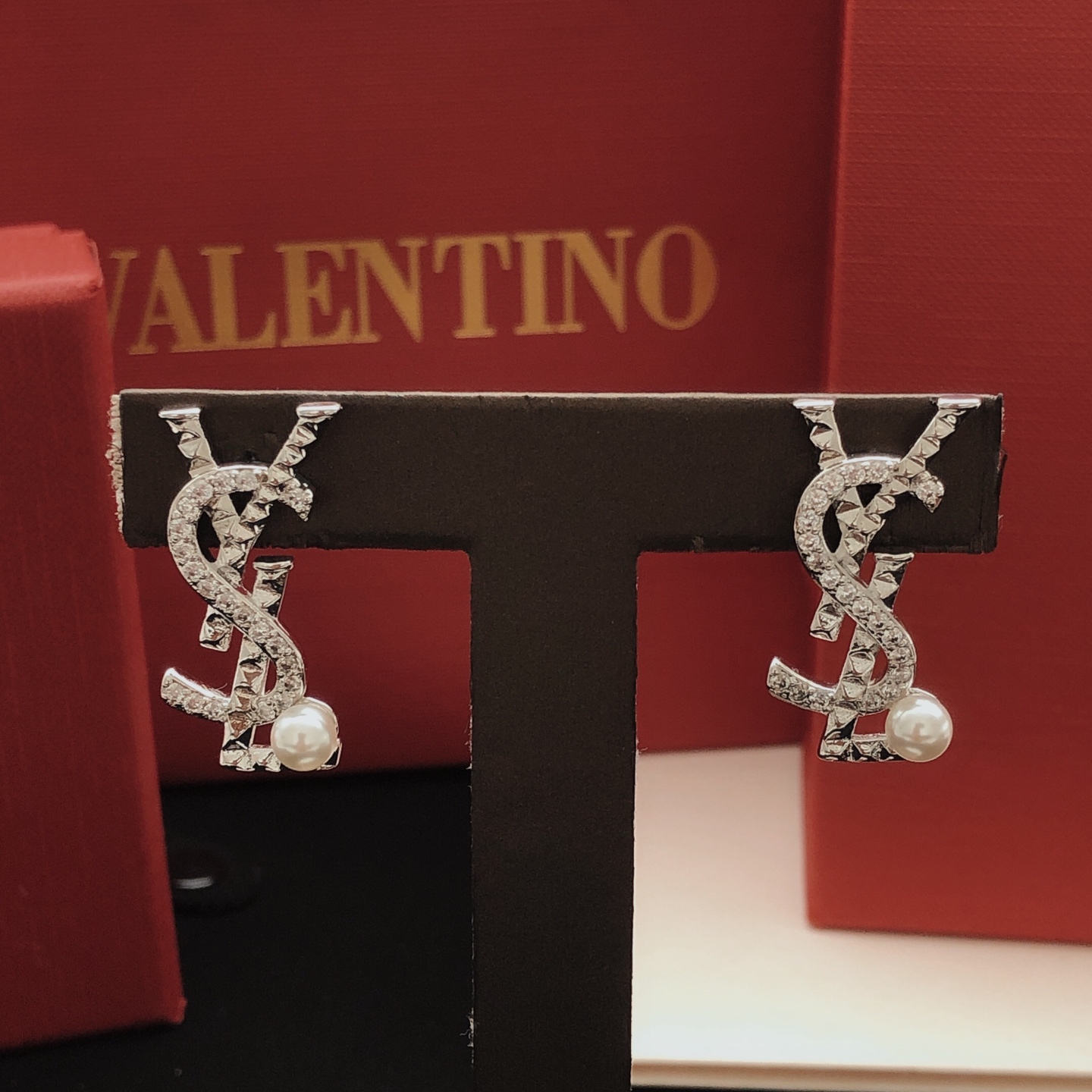 Saint Laurent YSL Monogram Stud Earrings earrings silver-toned metal with clear pave crystals and white pearl accents 2 5cm length