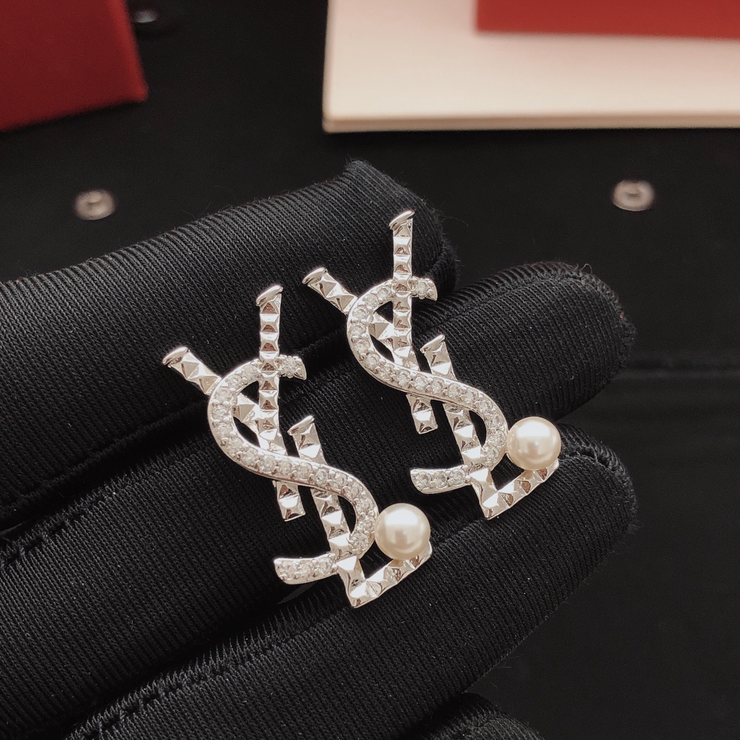 Saint Laurent YSL Monogram Stud Earrings earrings silver-toned metal with clear pave crystals and white pearl accents 2 5cm length