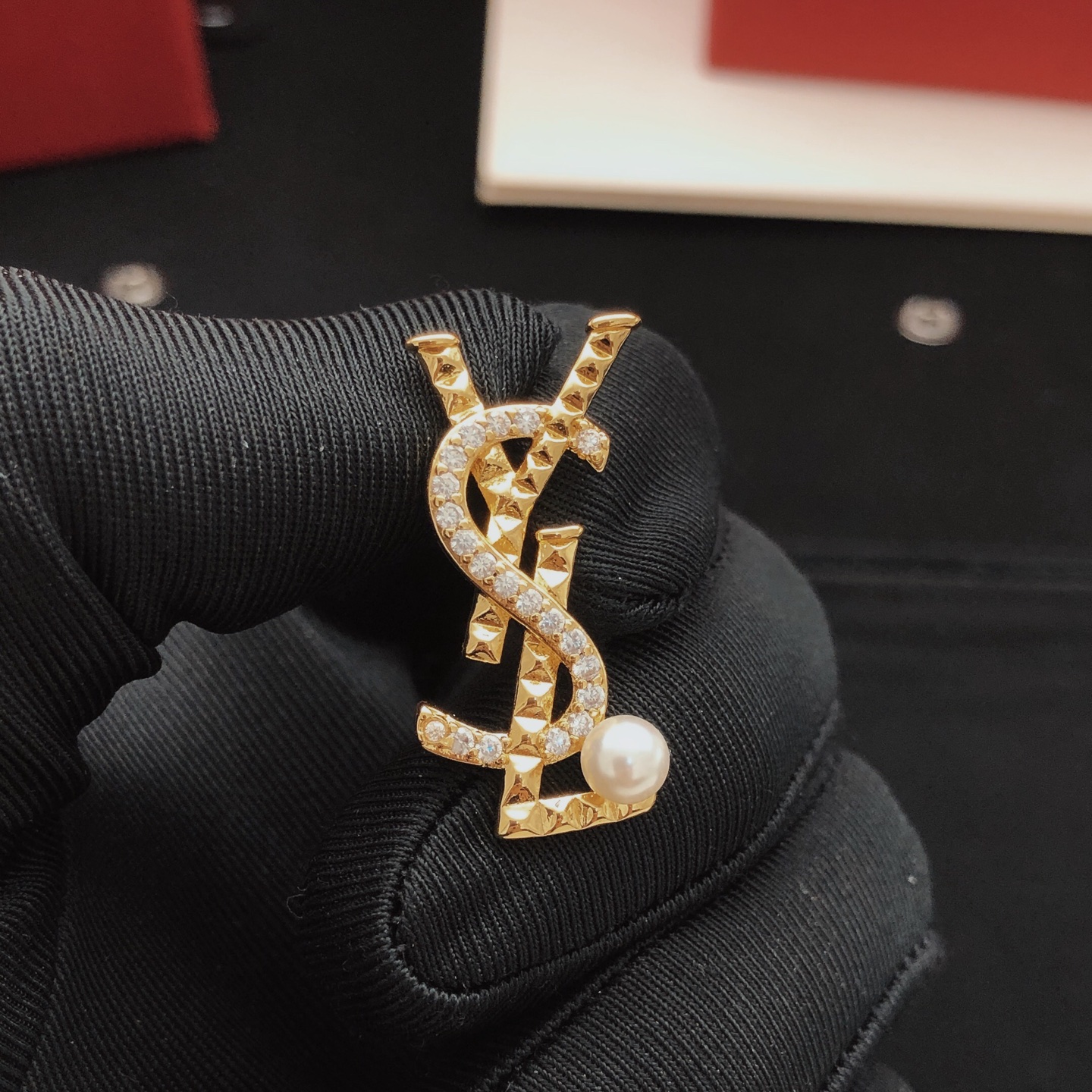 Saint Laurent YED0098 Cassandre Monogram Pearl Stud Earrings earrings gold-tone metal with clear pave crystals and white freshwater pearls 2 2cm length