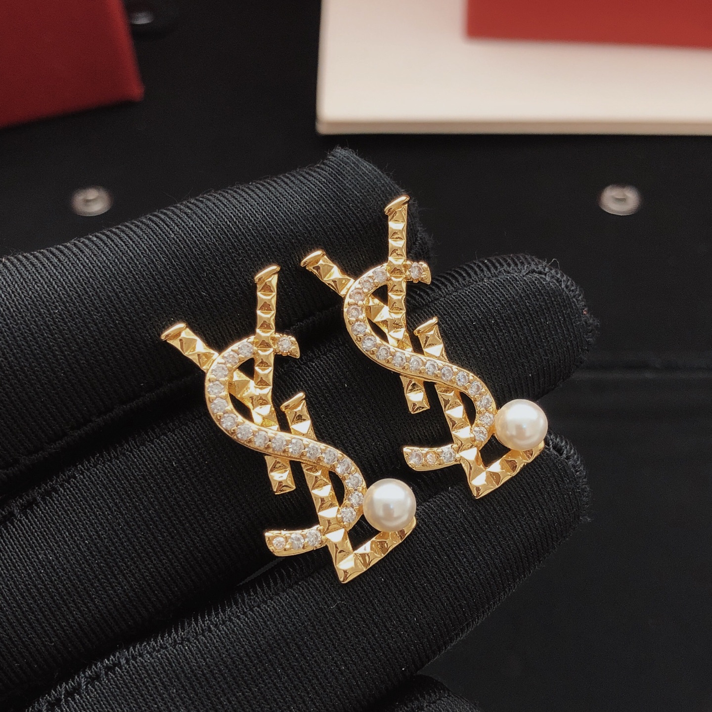 Saint Laurent YED0098 Cassandre Monogram Pearl Stud Earrings earrings gold-tone metal with clear pave crystals and white freshwater pearls 2 2cm length