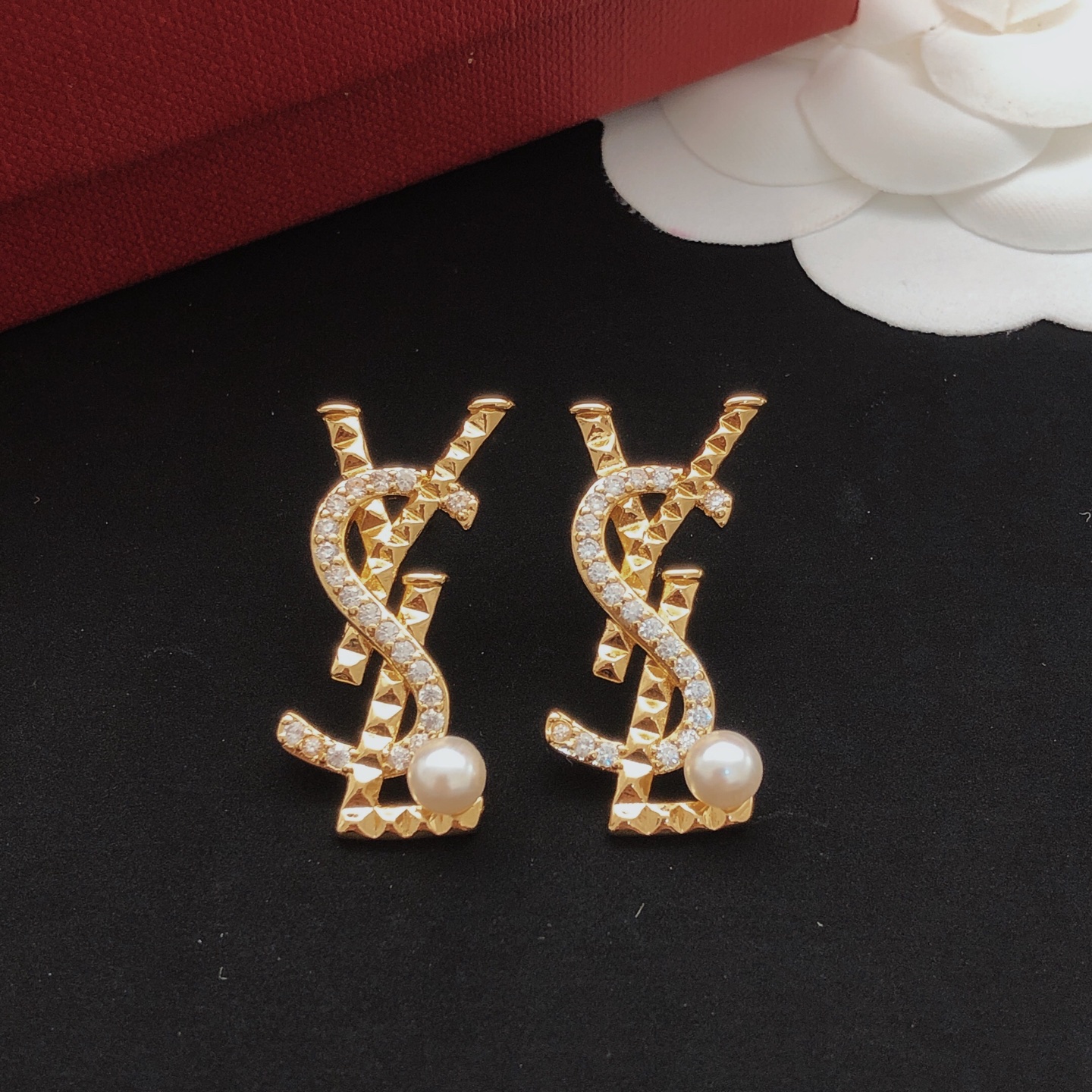 Saint Laurent YED0098 Cassandre Monogram Pearl Stud Earrings earrings gold-tone metal with clear pave crystals and white freshwater pearls 2 2cm length
