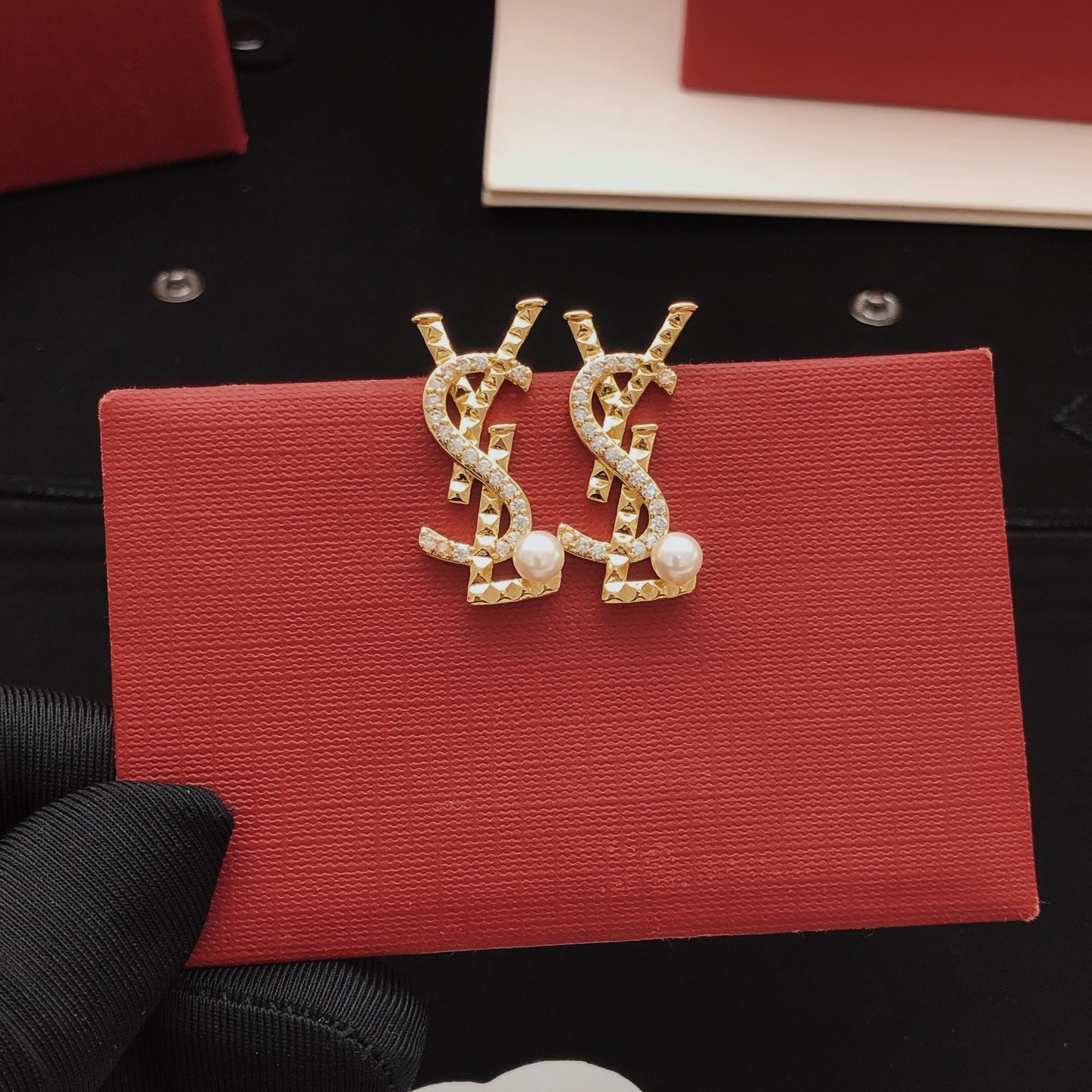 Saint Laurent YED0098 Cassandre Monogram Pearl Stud Earrings earrings gold-tone metal with clear pave crystals and white freshwater pearls 2 2cm length