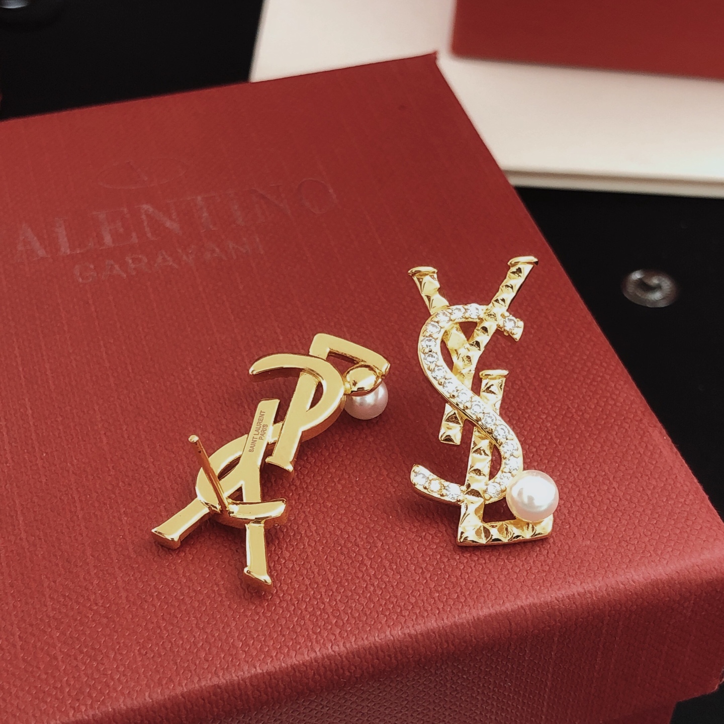 Saint Laurent YED0098 Cassandre Monogram Pearl Stud Earrings earrings gold-tone metal with clear pave crystals and white freshwater pearls 2 2cm length