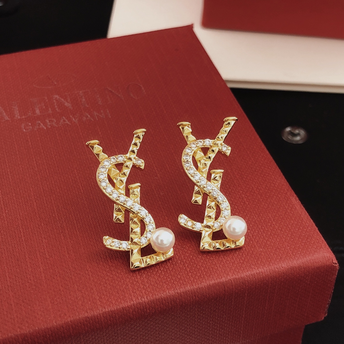 Saint Laurent YED0098 Cassandre Monogram Pearl Stud Earrings earrings gold-tone metal with clear pave crystals and white freshwater pearls 2 2cm length