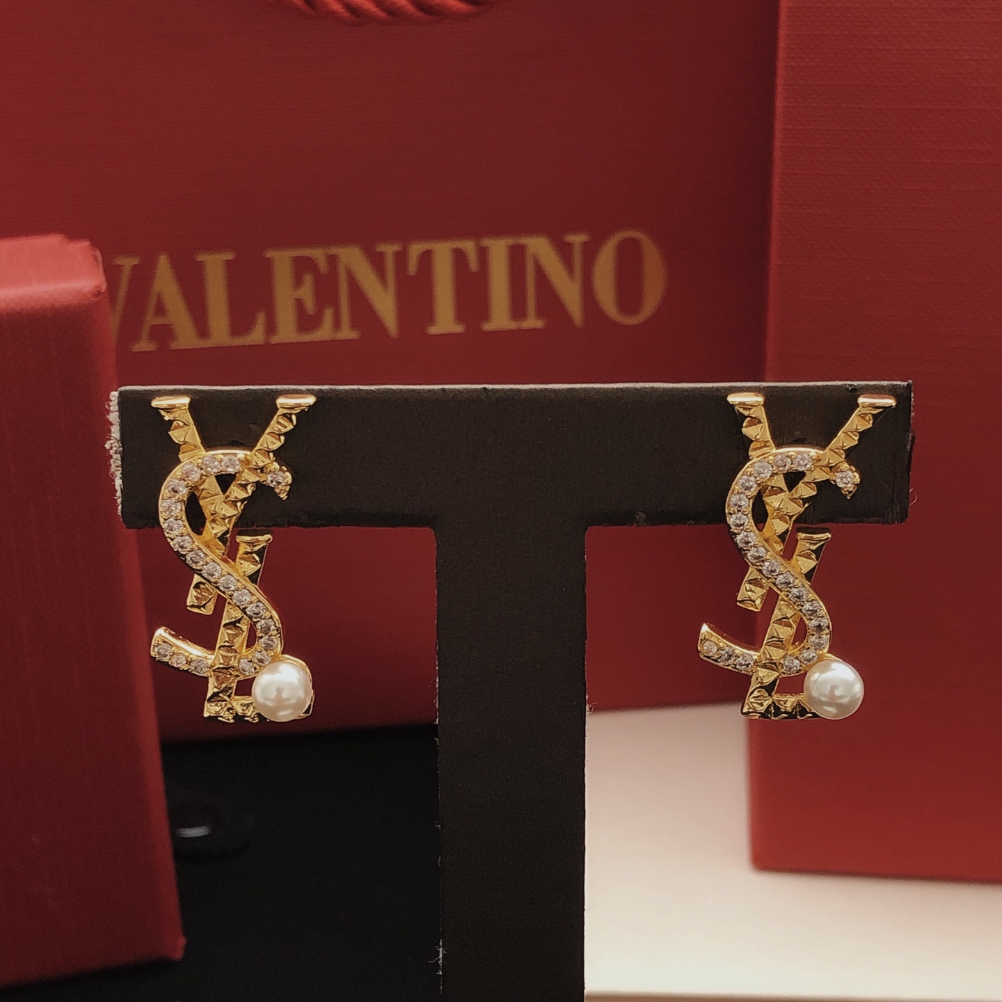 Saint Laurent YED0098 Cassandre Monogram Pearl Stud Earrings earrings gold-tone metal with clear pave crystals and white freshwater pearls 2 2cm length