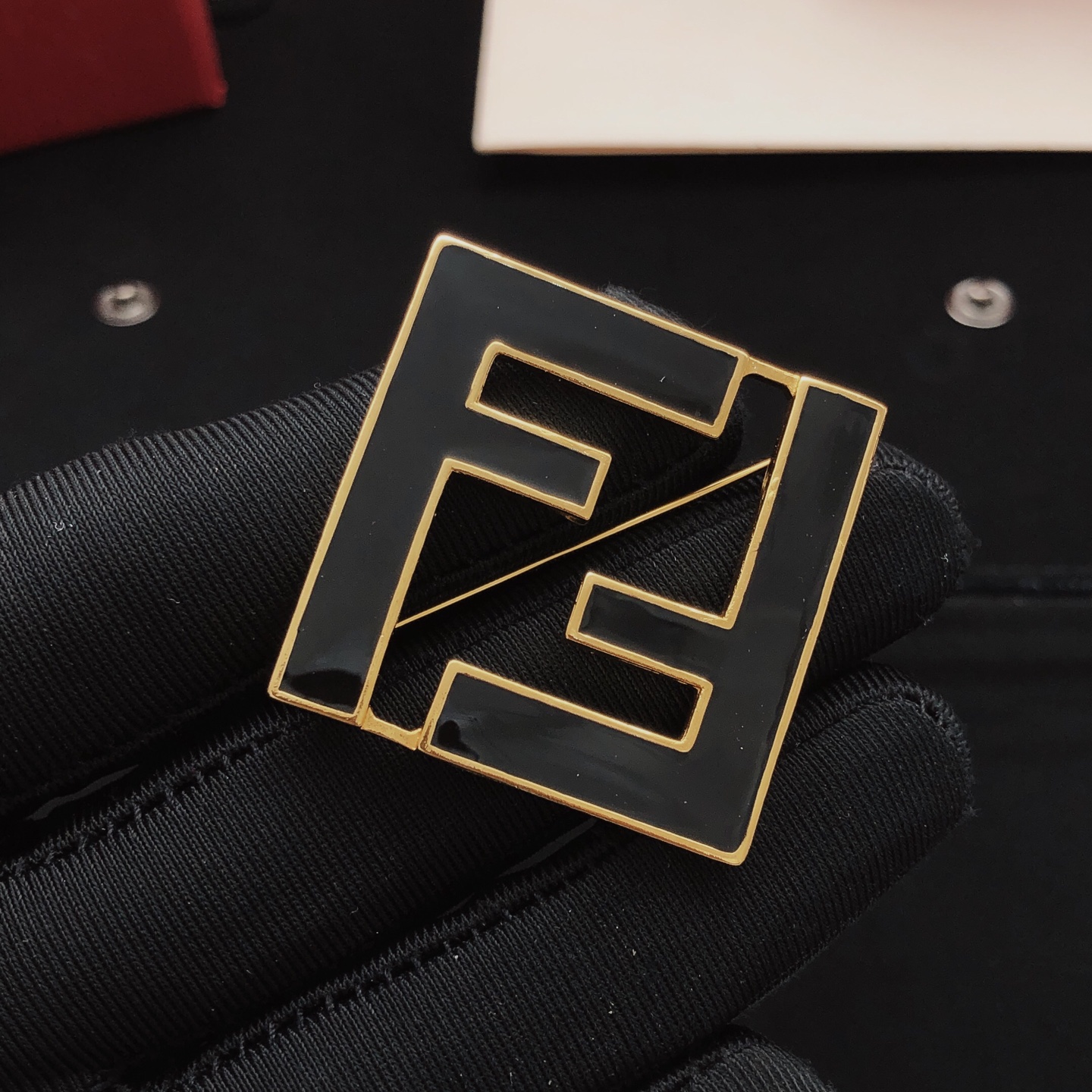 Fendi FF Logo Brooch brooch Gold-tone metal with black enamel 3 5cm x