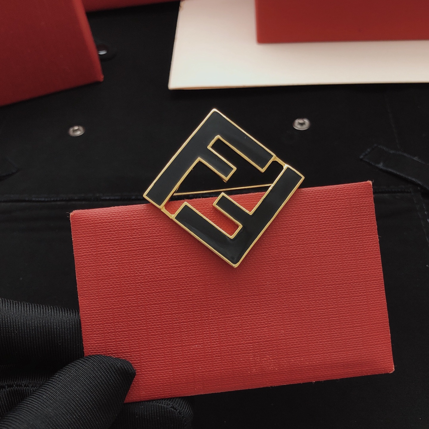 Fendi FF Logo Brooch brooch Gold-tone metal with black enamel 3 5cm x
