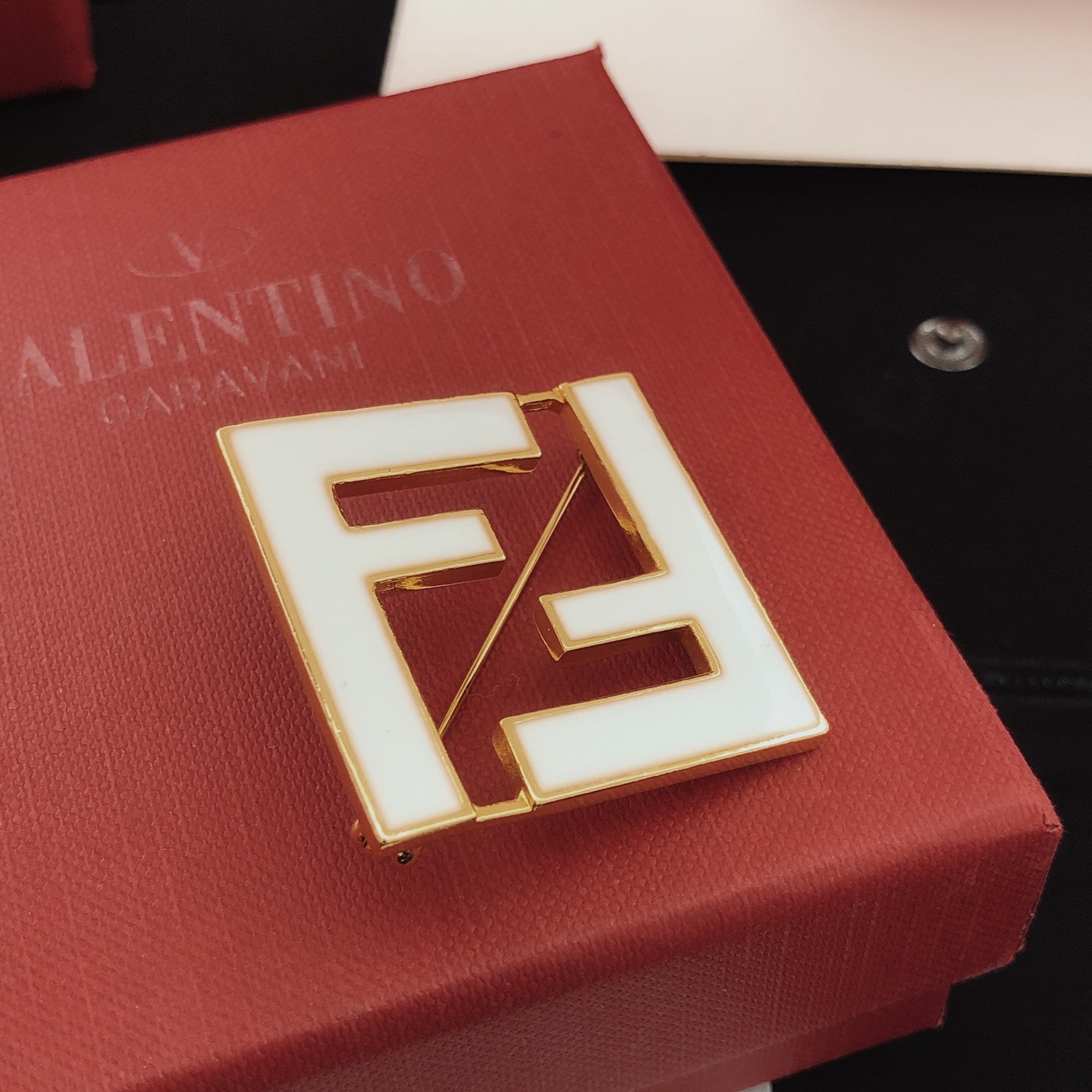 Fendi FF Logo Brooch brooch gold-tone metal with white enamel 4cm width